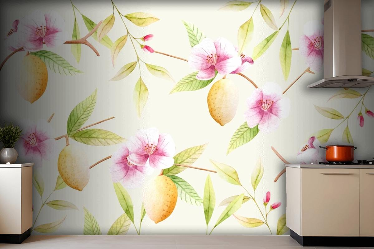 Watercolor Background With Florals Kitchen Wallpaper Mural