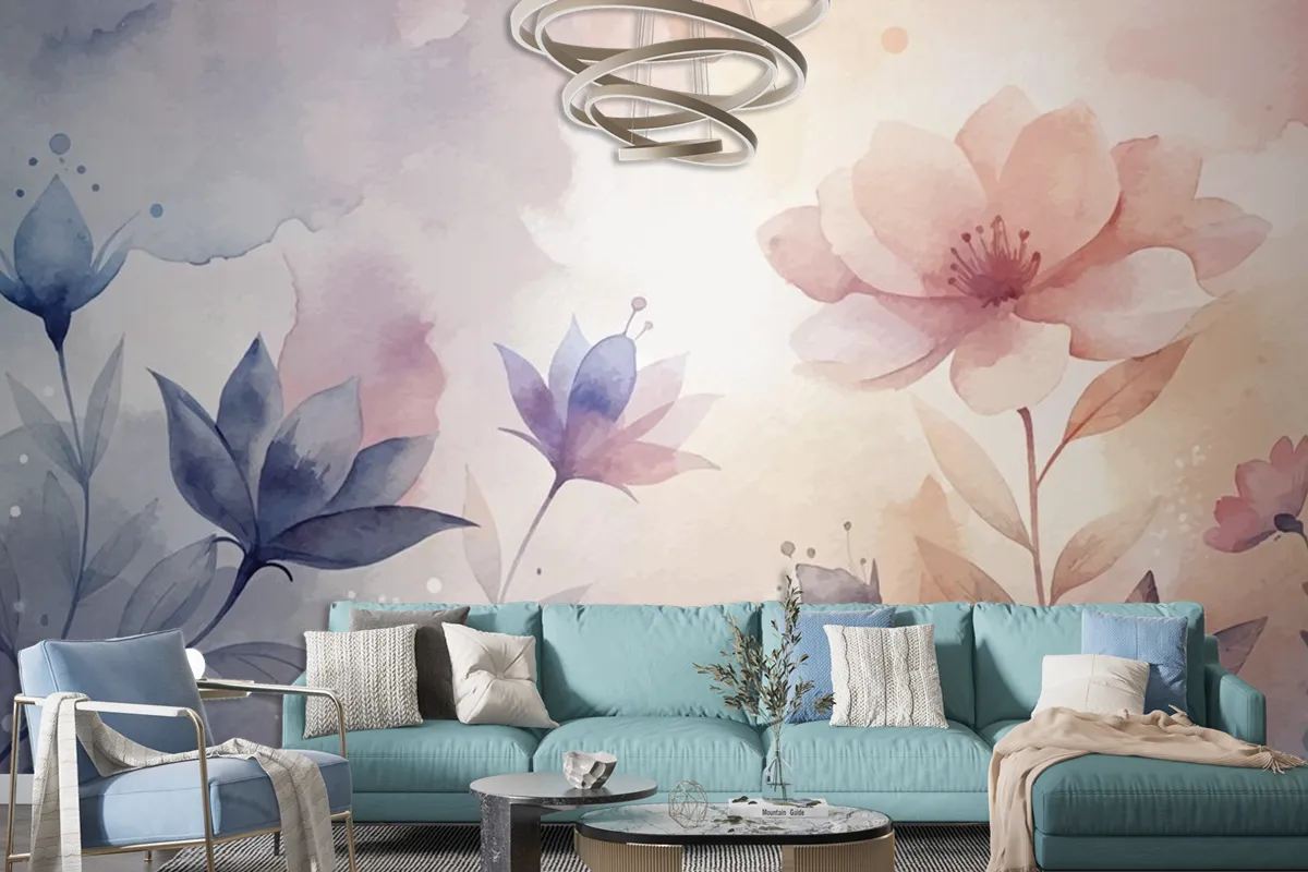 Watercolor Background With Minimalist Soft Silhouette Flowers Wallpaper Mural