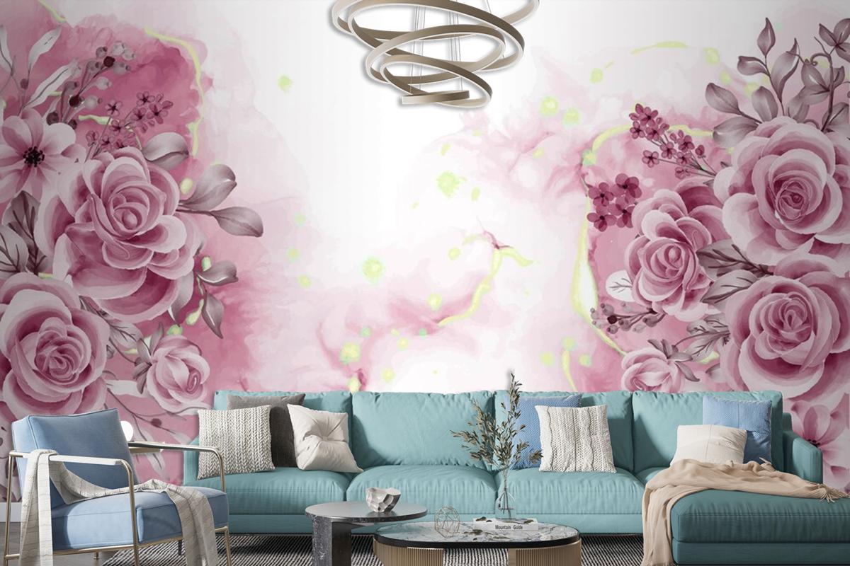 Watercolor Background With Rose Gold Flowers And Leaves Wallpaper Mural