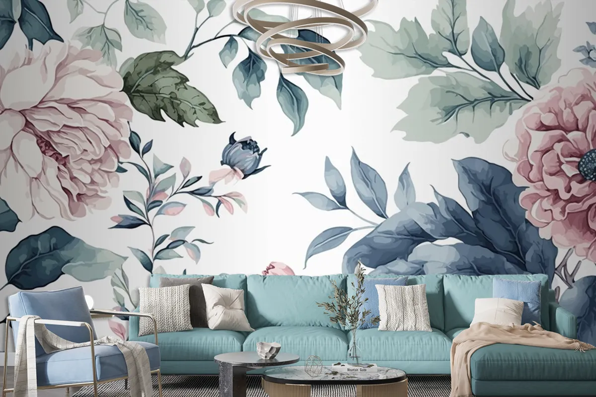 Watercolor Blue And Pink Floral Pattern Wallpaper Mural