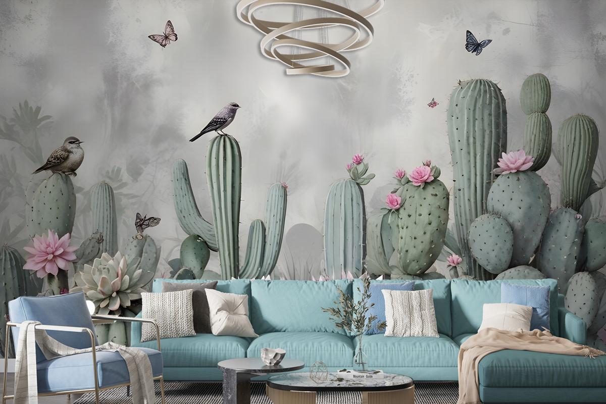 Watercolor Cactus With Flowers Wallpaper Mural