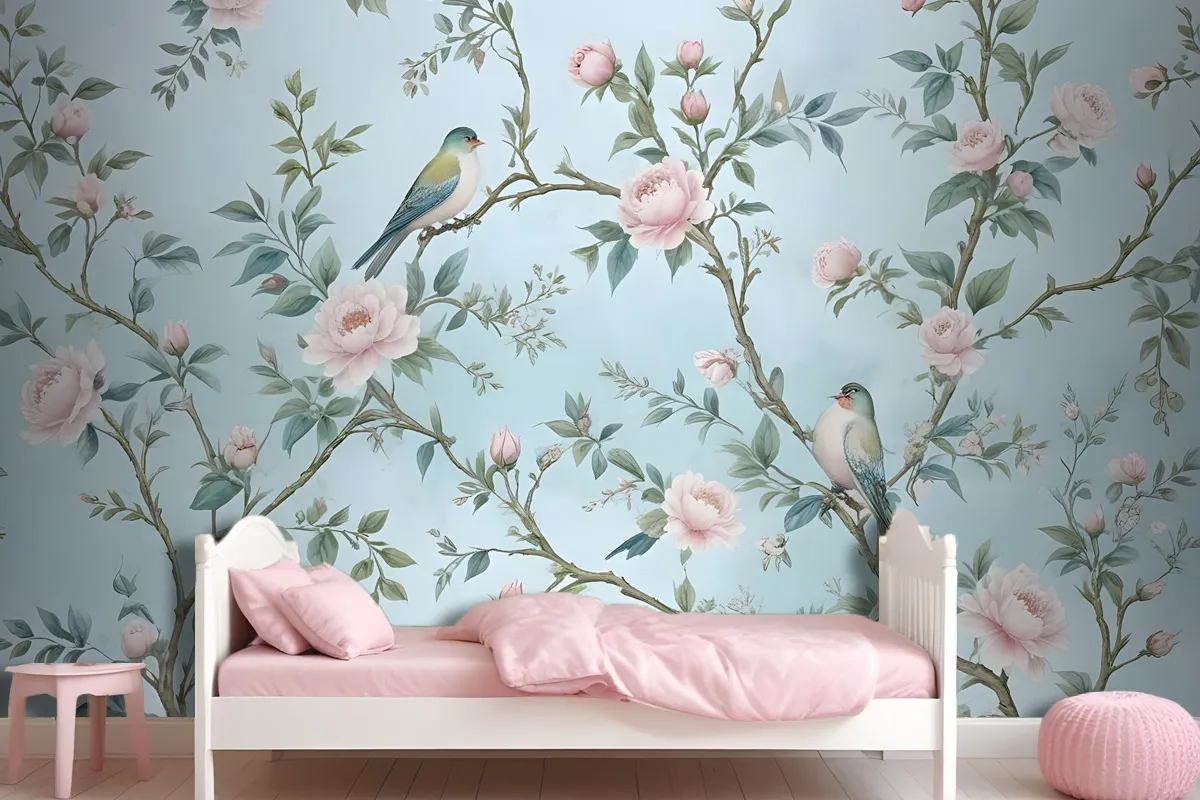 Watercolor Chinoiserie Floral Peony Blossom Wallpaper Mural