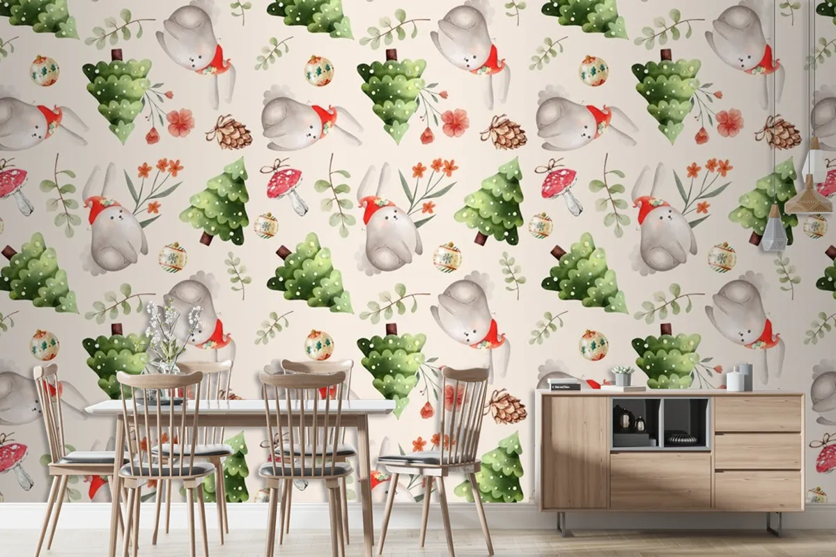 Watercolor Christmas Pattern Design Wallpaper Mural