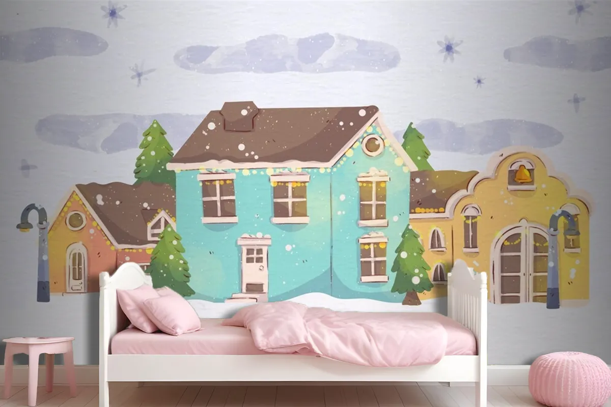 Watercolor Christmas Town Wallpaper Mural