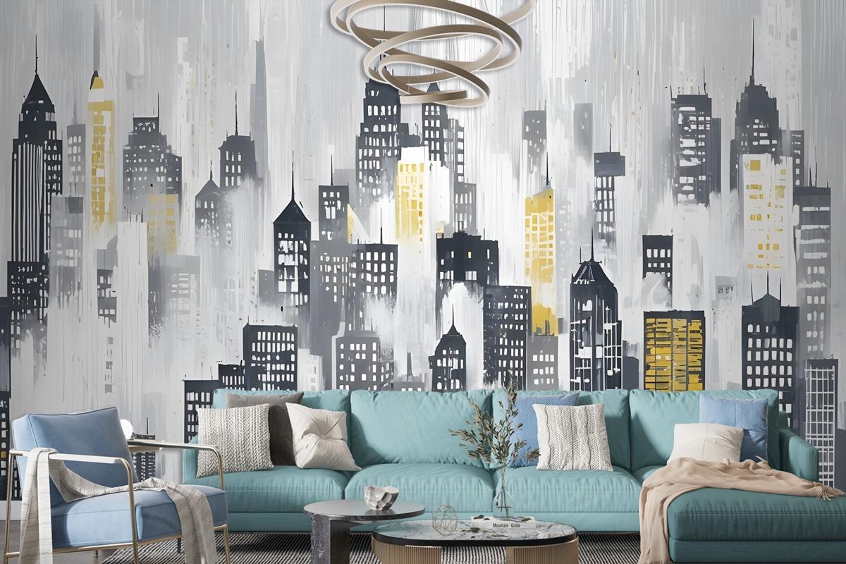 Watercolor City Silhouette Wallpaper Mural