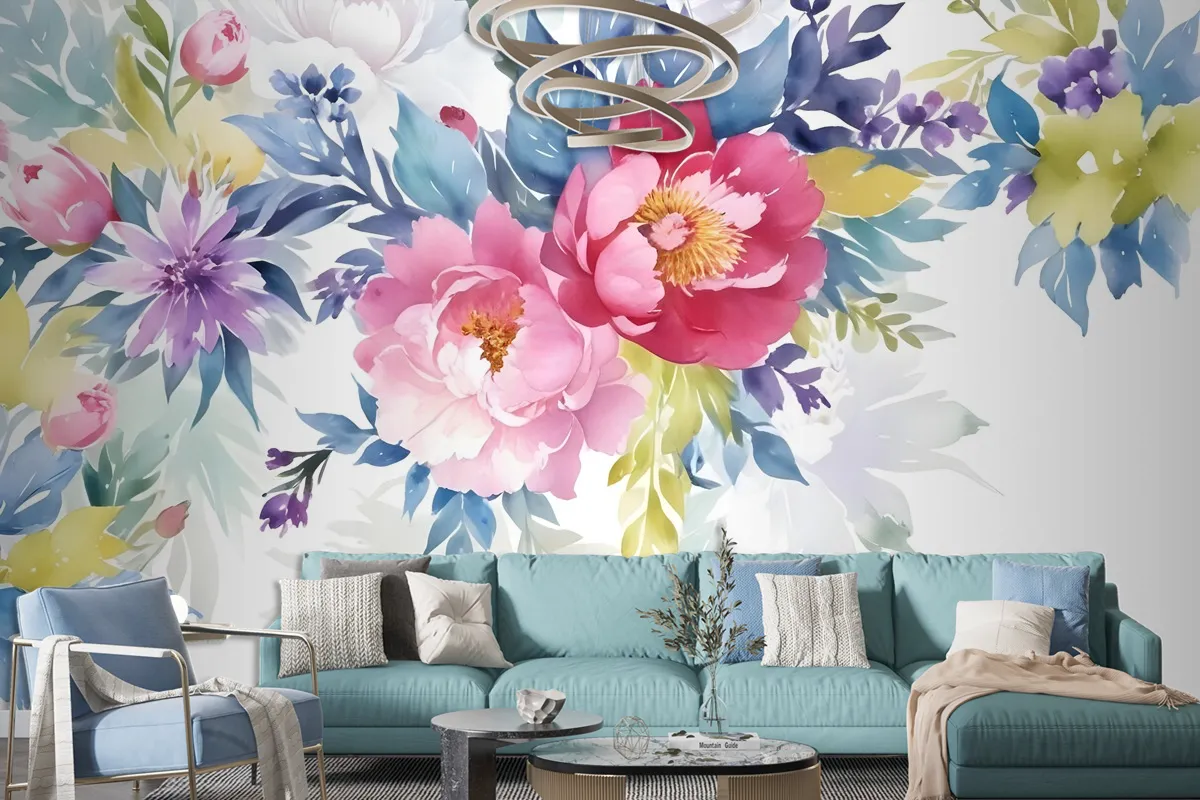 Watercolor Colorful Peony Flowers Wallpaper Mural