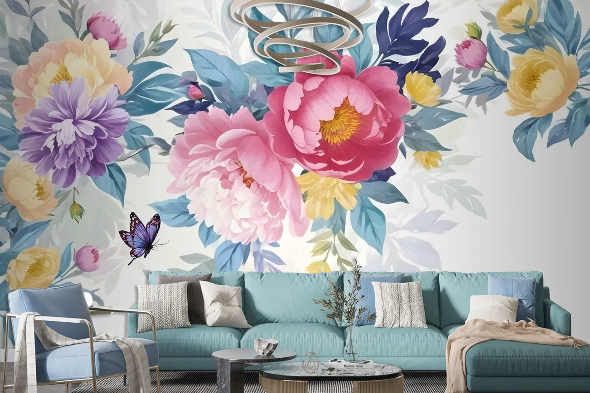 Watercolor Colorful Peony Flowers Wallpaper Mural