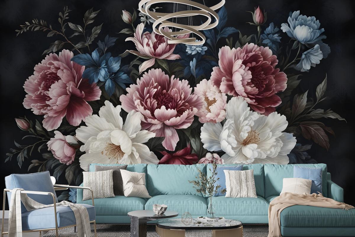 Watercolor Dark Peony Floral Wallpaper Mural