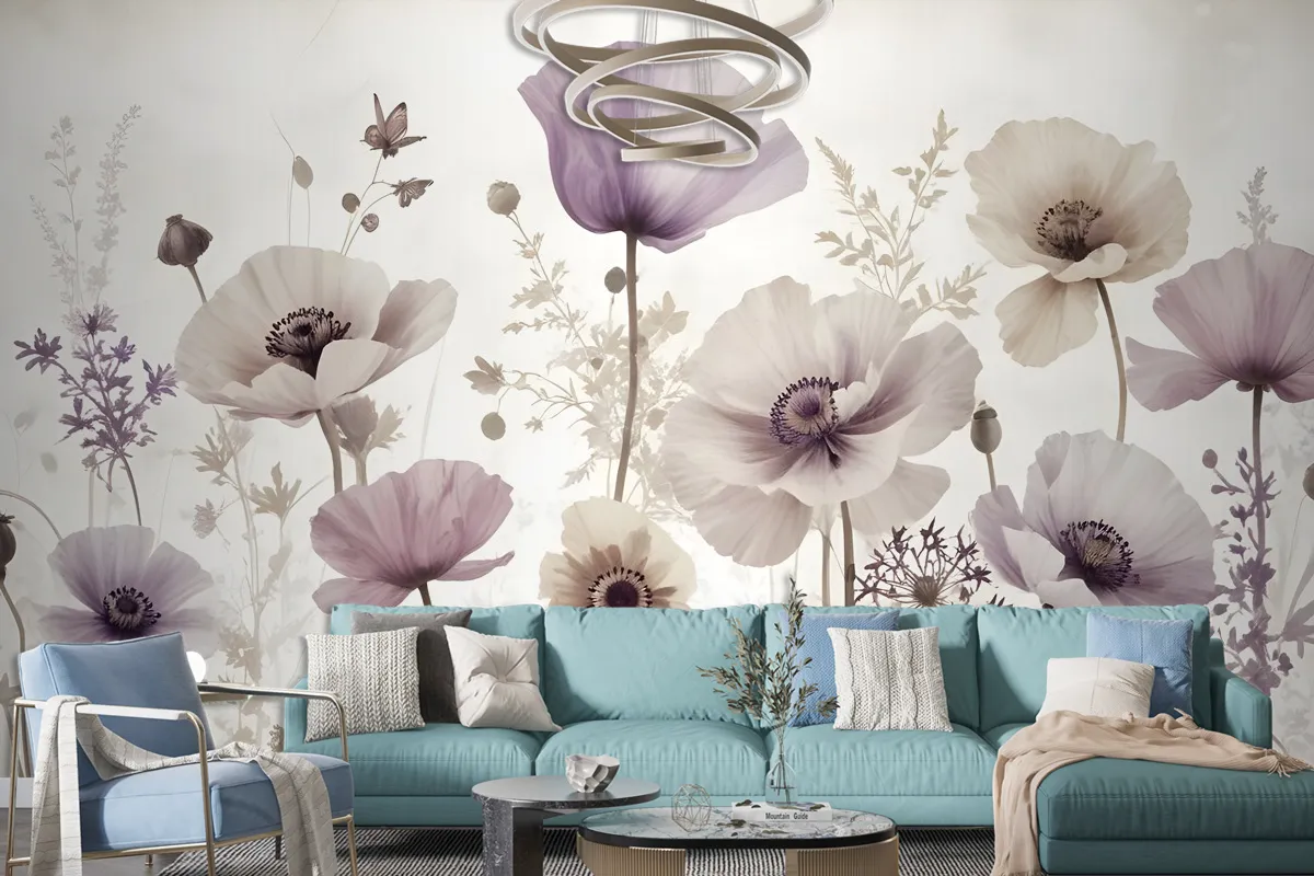 Watercolor Dark Poppy Flowers Wallpaper Mural