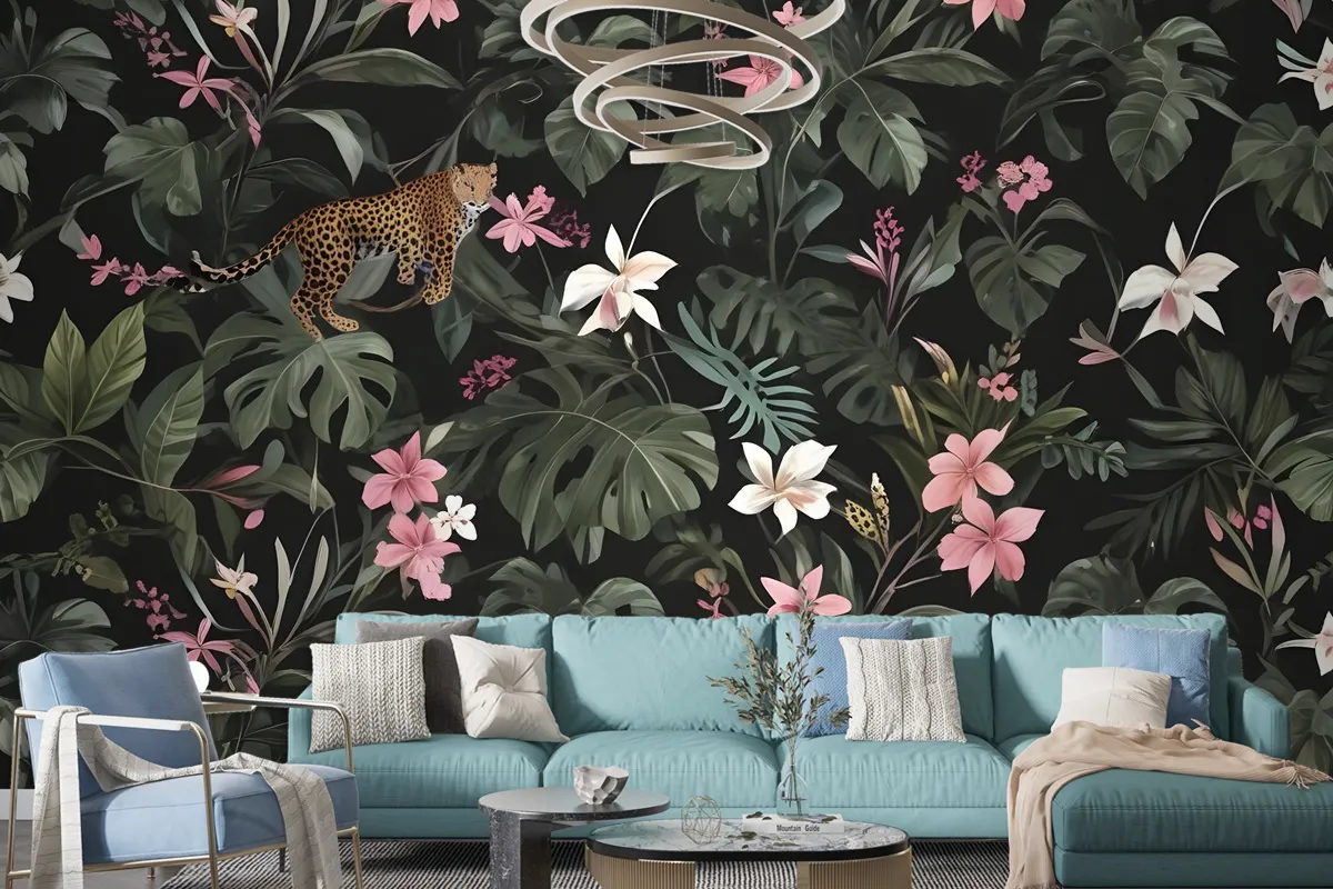 Watercolor Dark Tropical Art With Leopard Wallpaper Mural