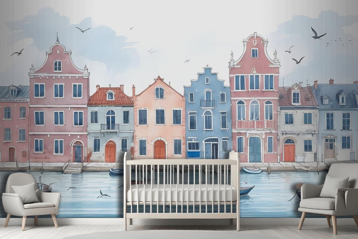 Watercolor Dutch Houses Wallpaper Mural For Kids