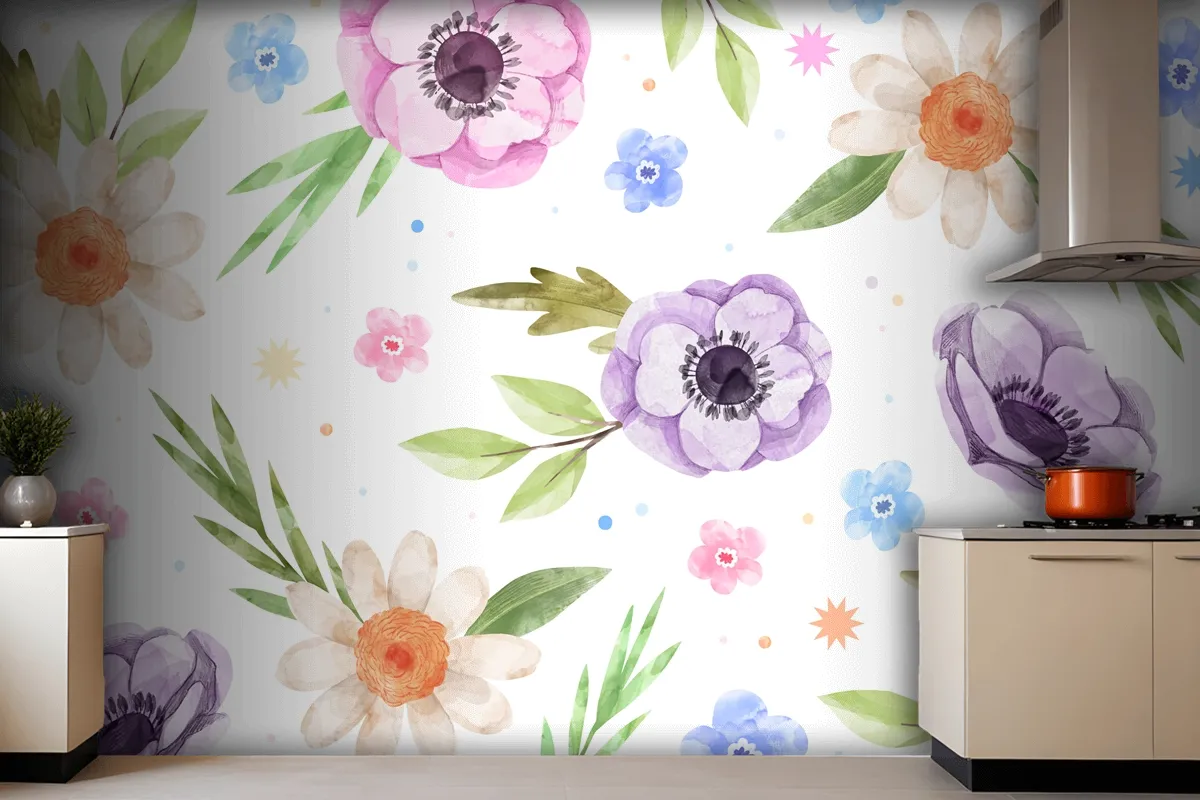 Watercolor Floral Kitchen Wallpaper Mural