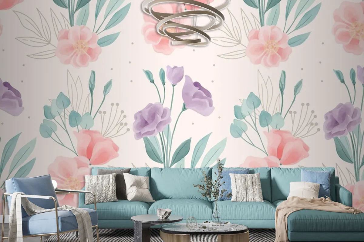 Watercolor Floral Motif Pattern Wallpaper Mural