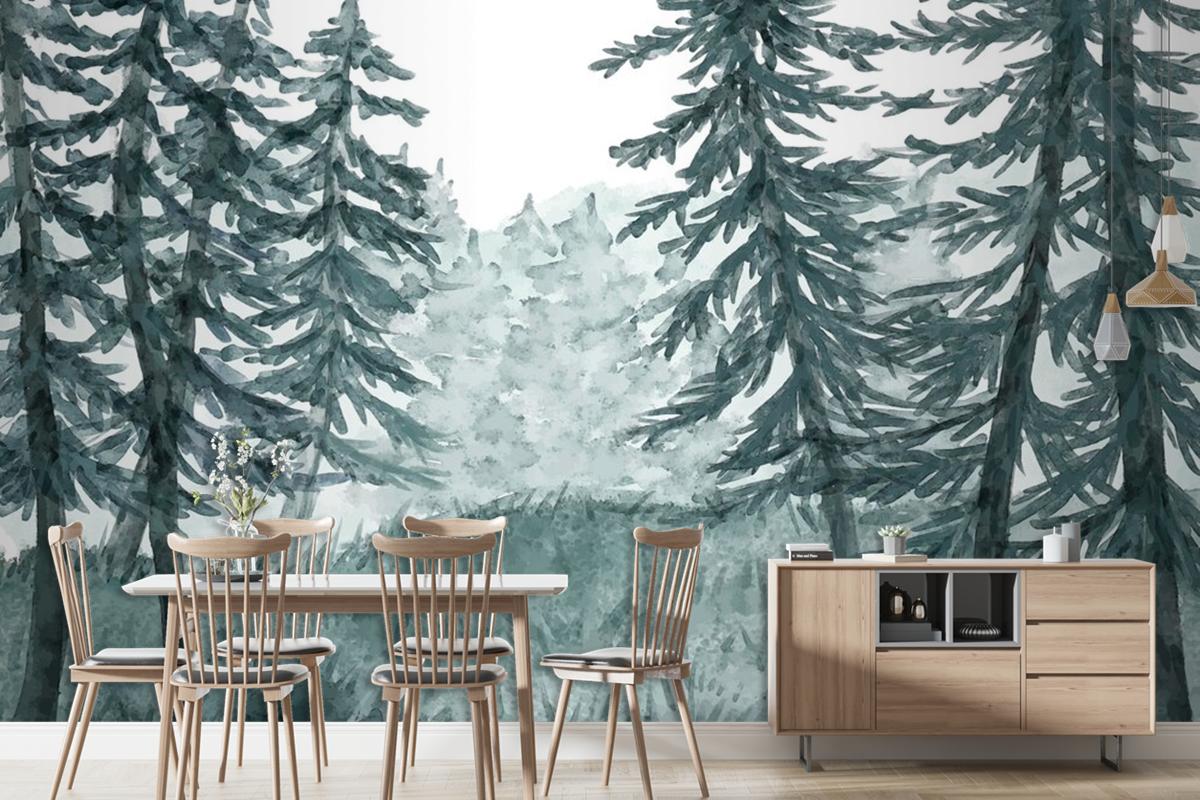 Watercolor Forest Landscape Dining Room Wallpaper Mural