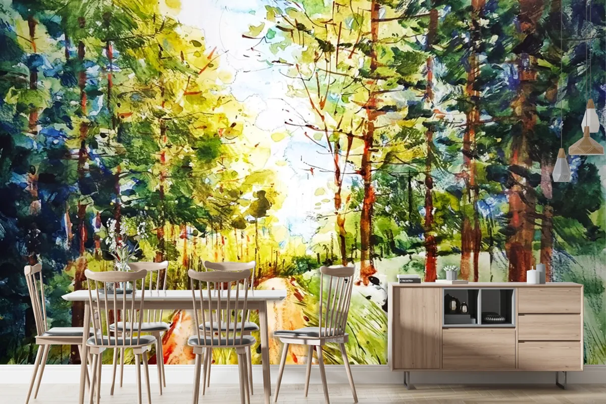 Watercolor Forest Landscape Wallpaper Mural