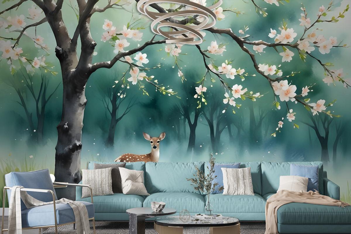 Watercolor Forest With Peach Blossom Wallpaper Mural