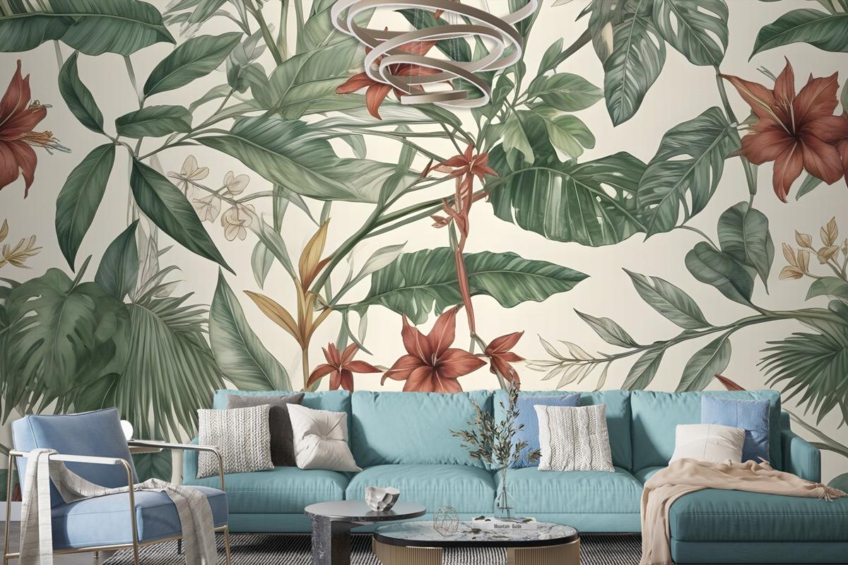 Watercolor Green Tropical Leaves Wallpaper Mural