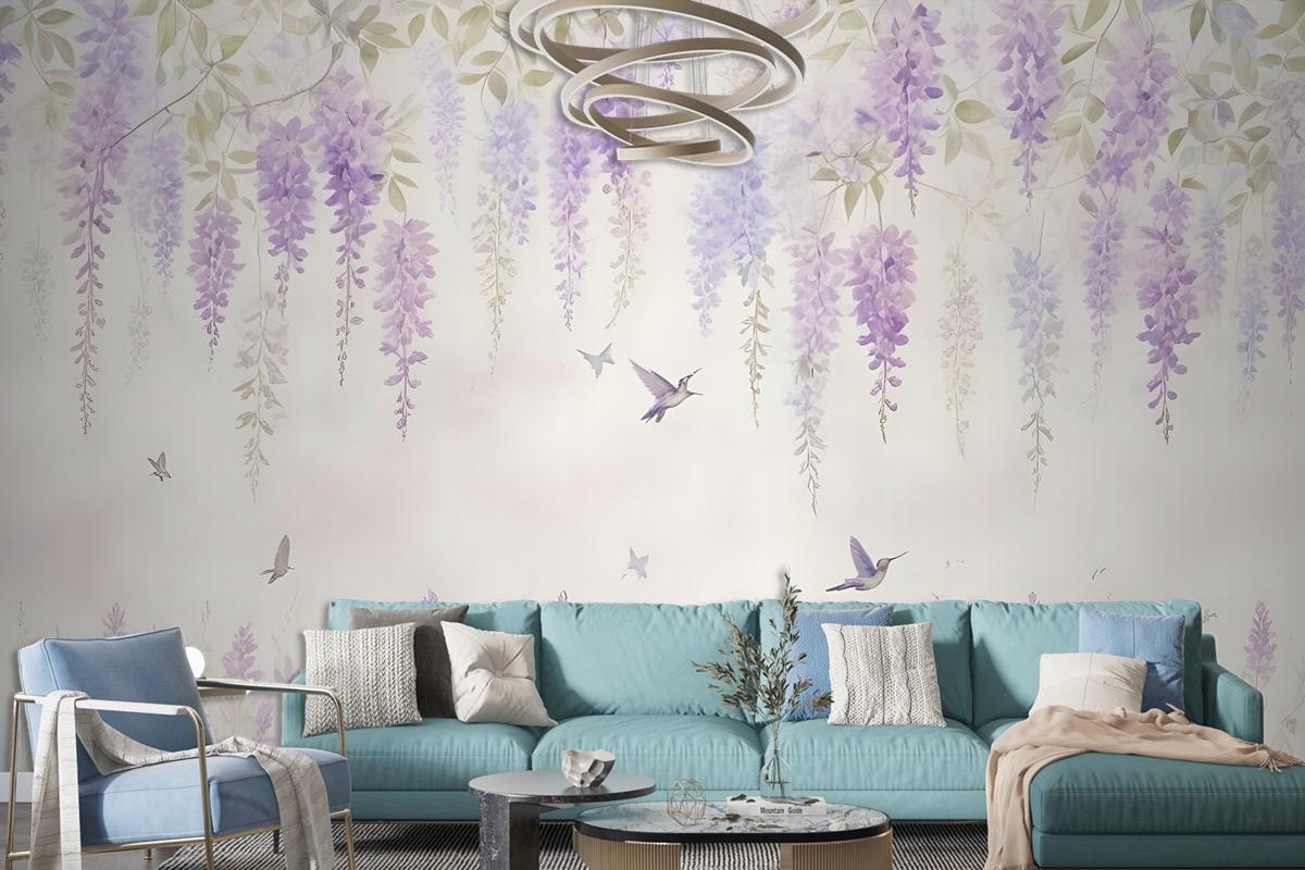 Watercolor Hanging Wisteria Flowers With Hummingbirds Wallpaper Mural