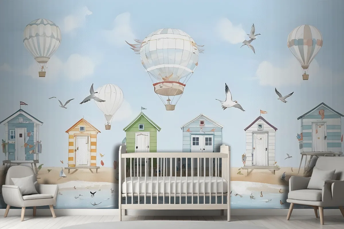 Watercolor Kids Beach House With Hot Air Balloons