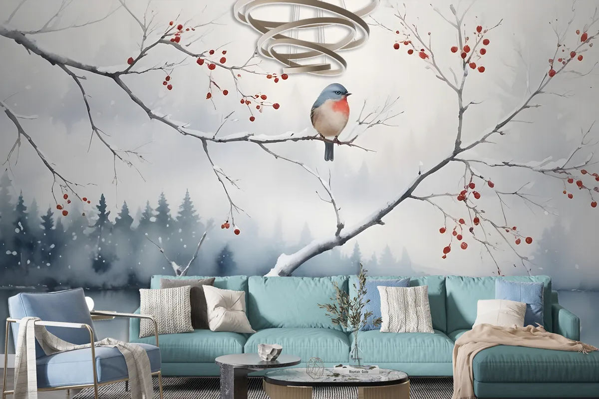 Watercolor Lake Landscape With Birds Wallpaper Mural