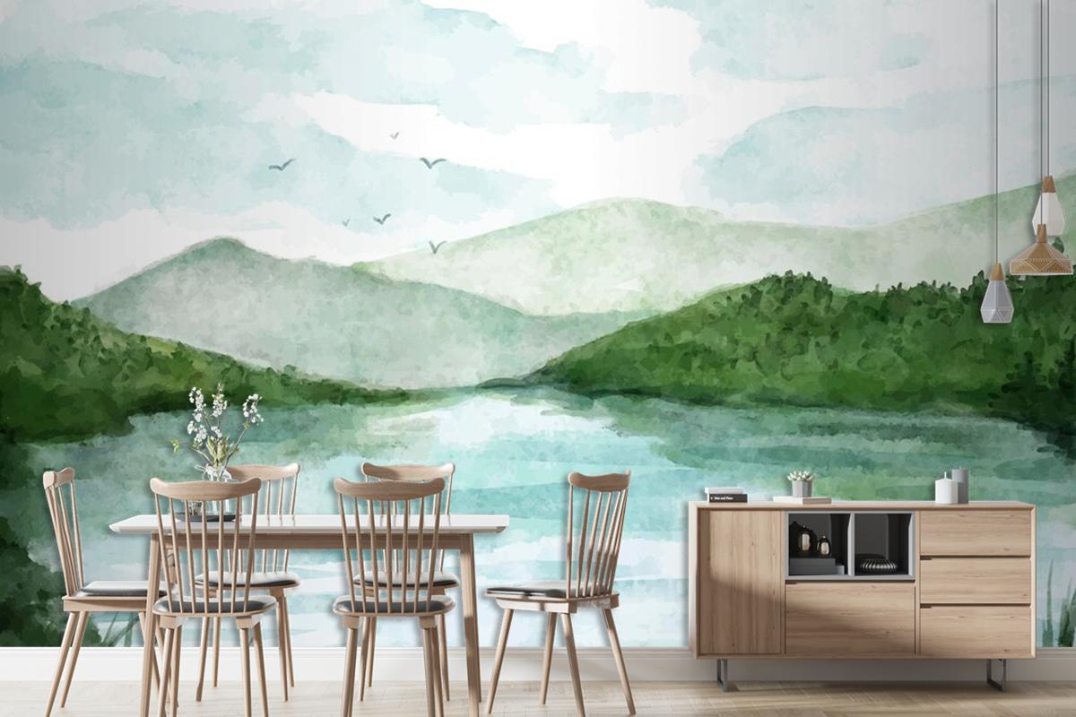 Watercolor Lake Scenery Wallpaper Mural