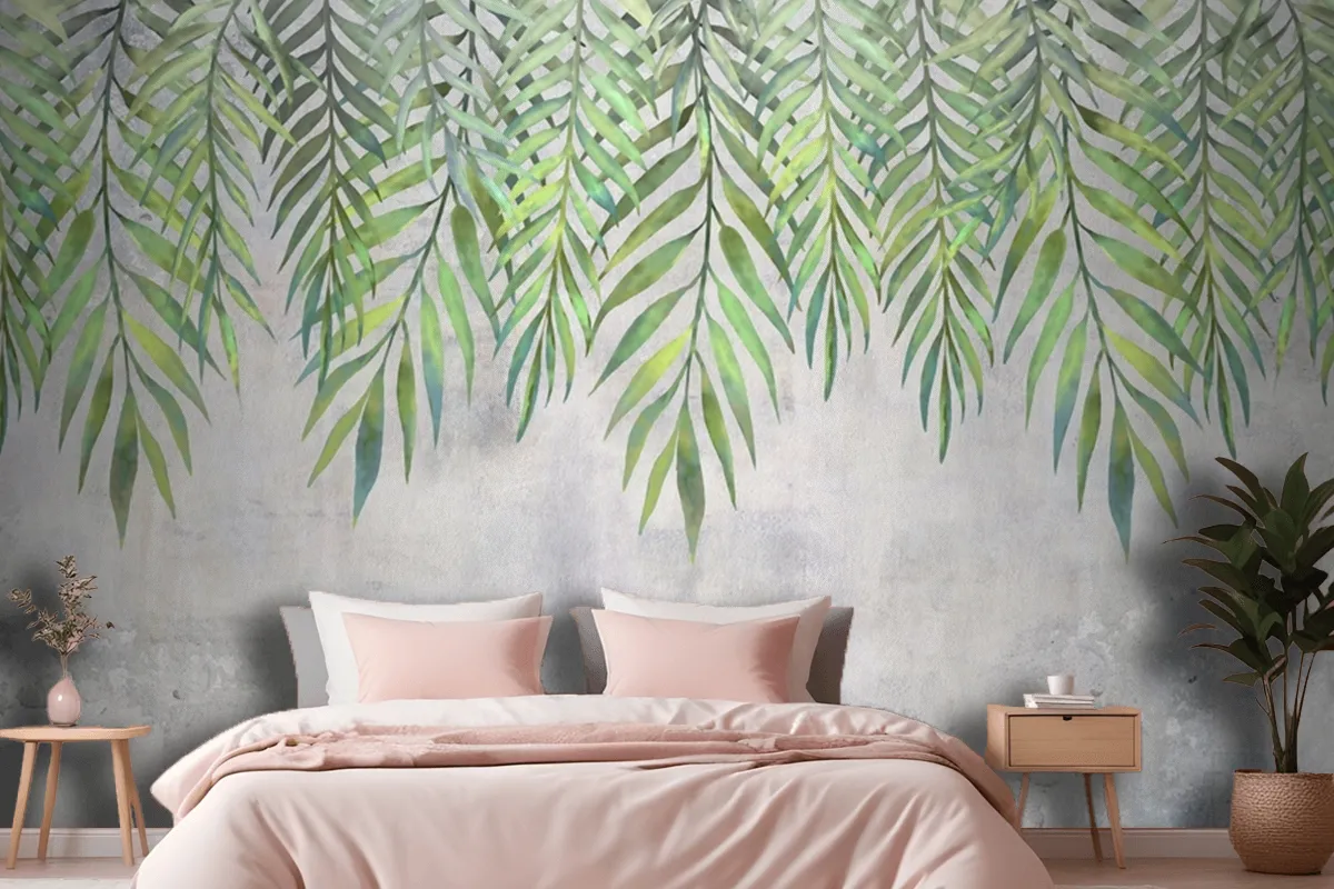 Watercolor Leaves Hanging From Above Wallpaper Mural