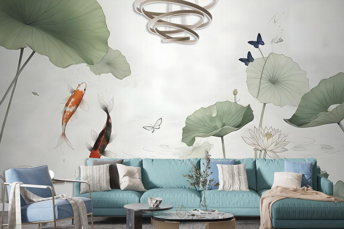 Watercolor Lotus Flower And Butterflies Wallpaper Mural