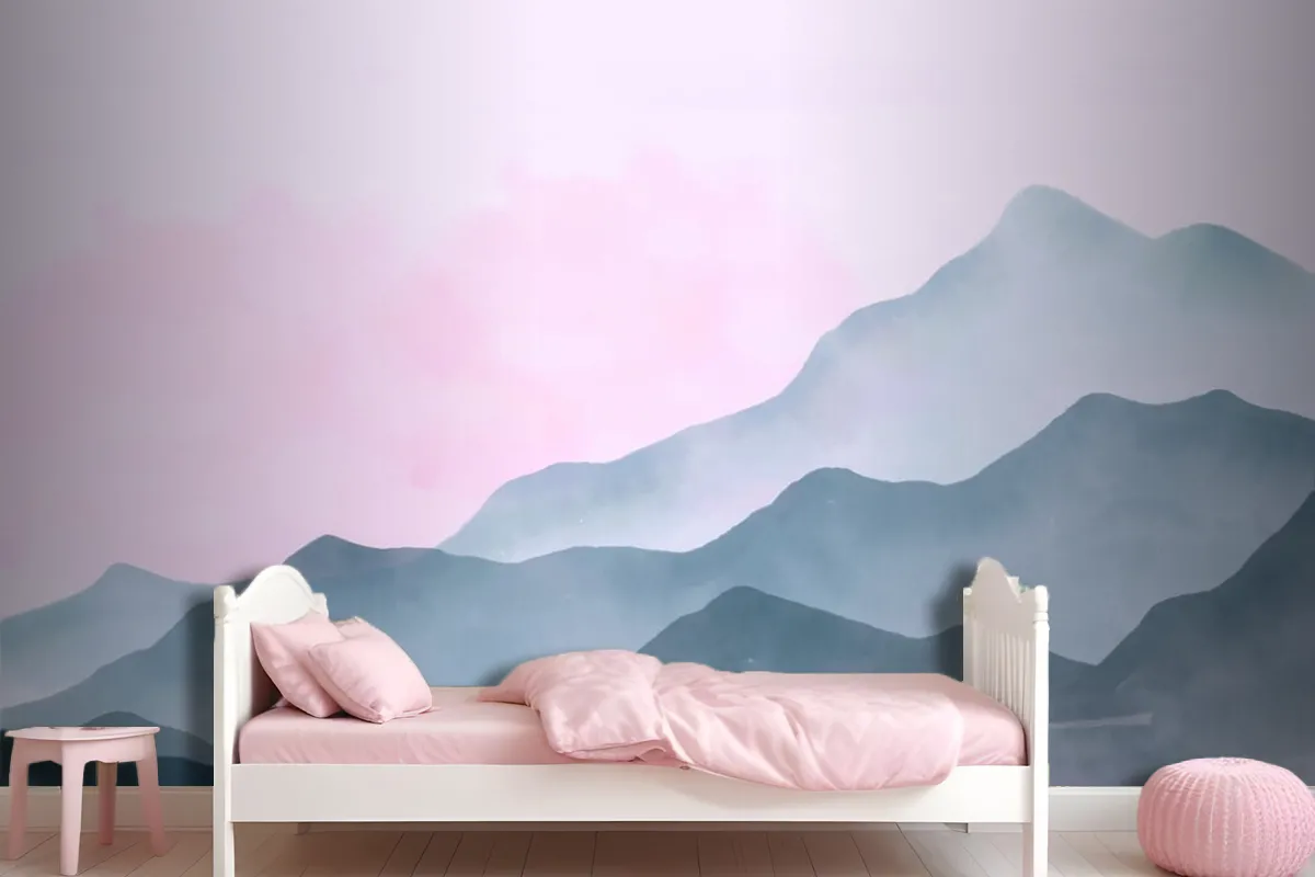 Watercolor Mountains Background With Pink Sky Wallpaper Mural