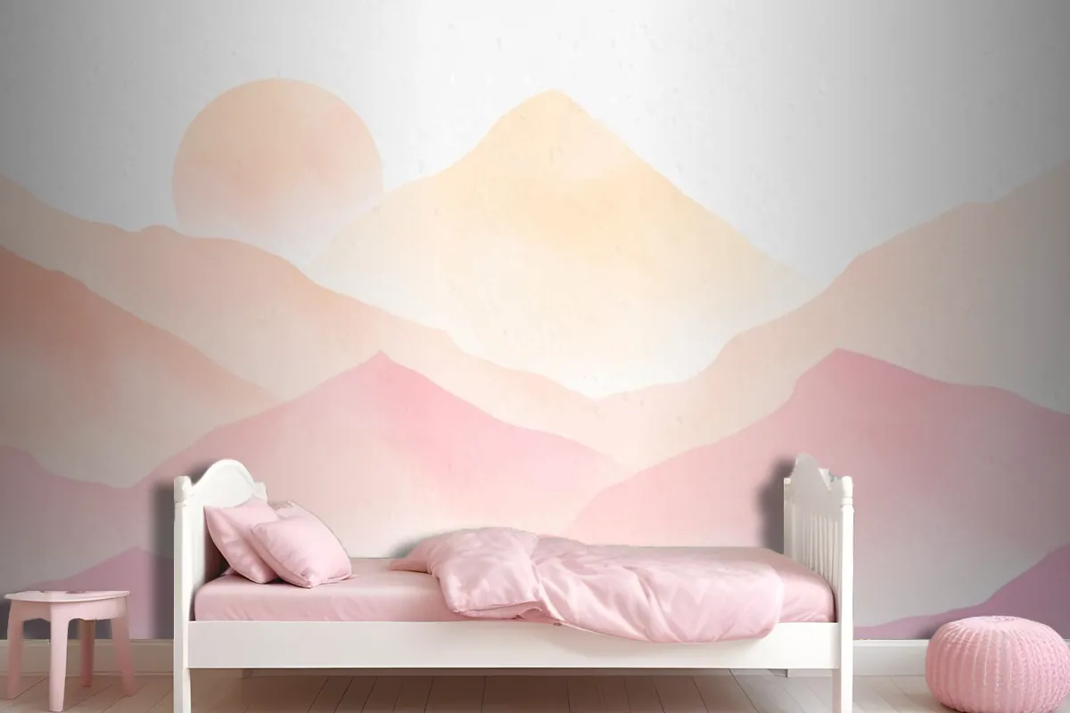 Watercolor Mountains Pink Background Wallpaper Mural