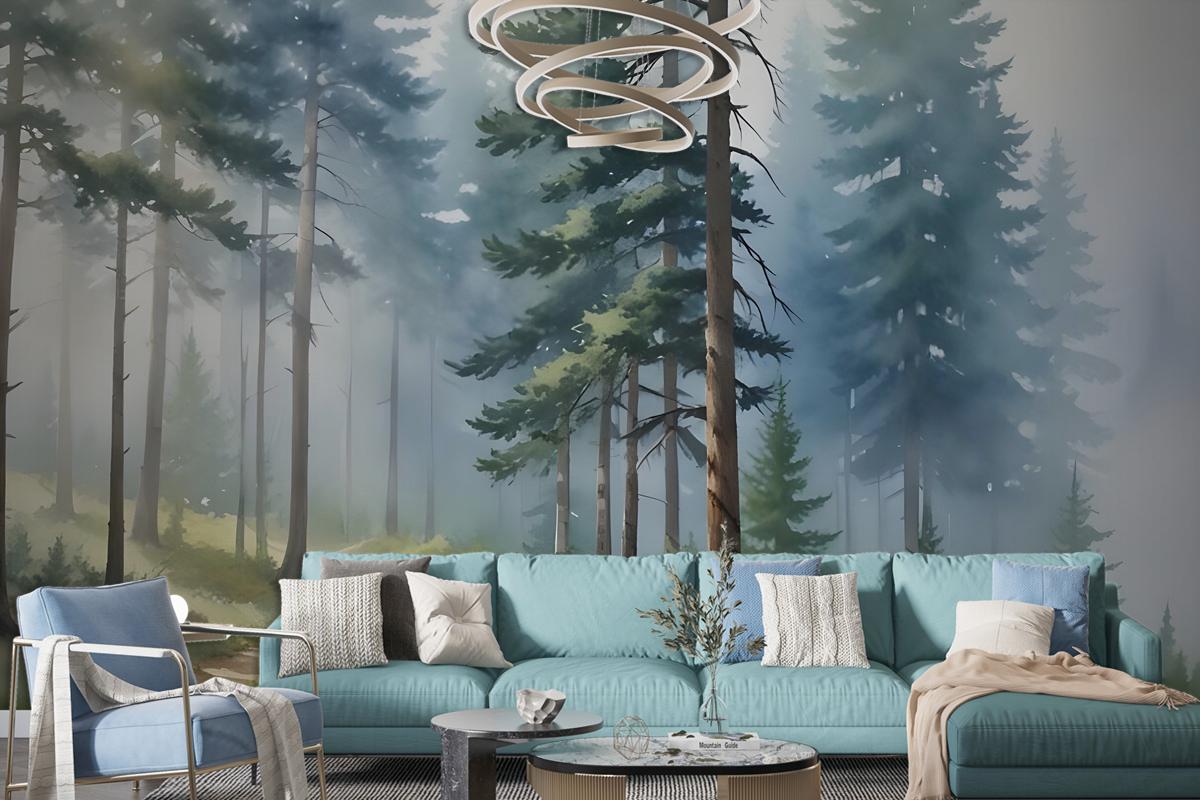 Watercolor Painting Misty Forestscape Wallpaper Mural