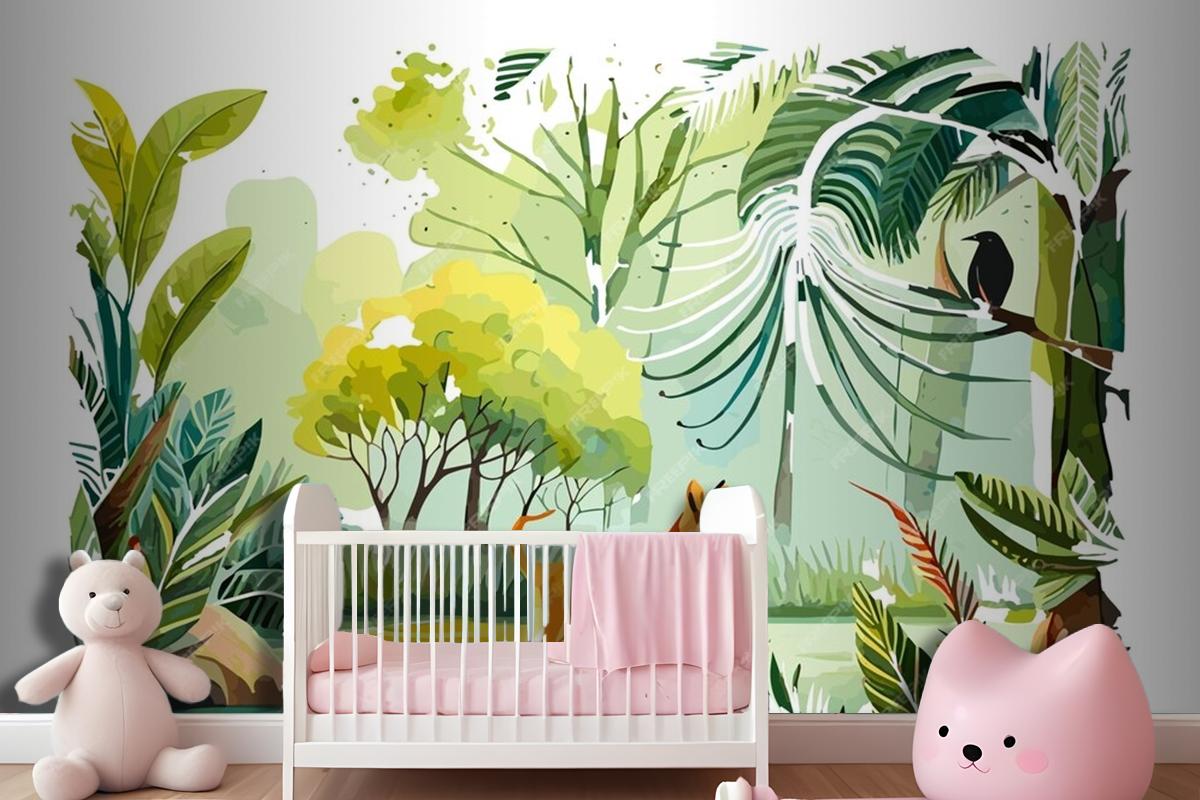 Watercolor Painting Of A Dog And A Bird In A Jungle Wallpaper Mural