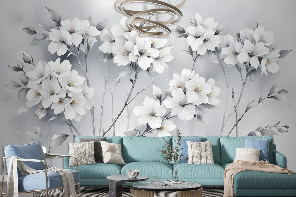 Watercolor Painting White Flowers Wallpaper Mural