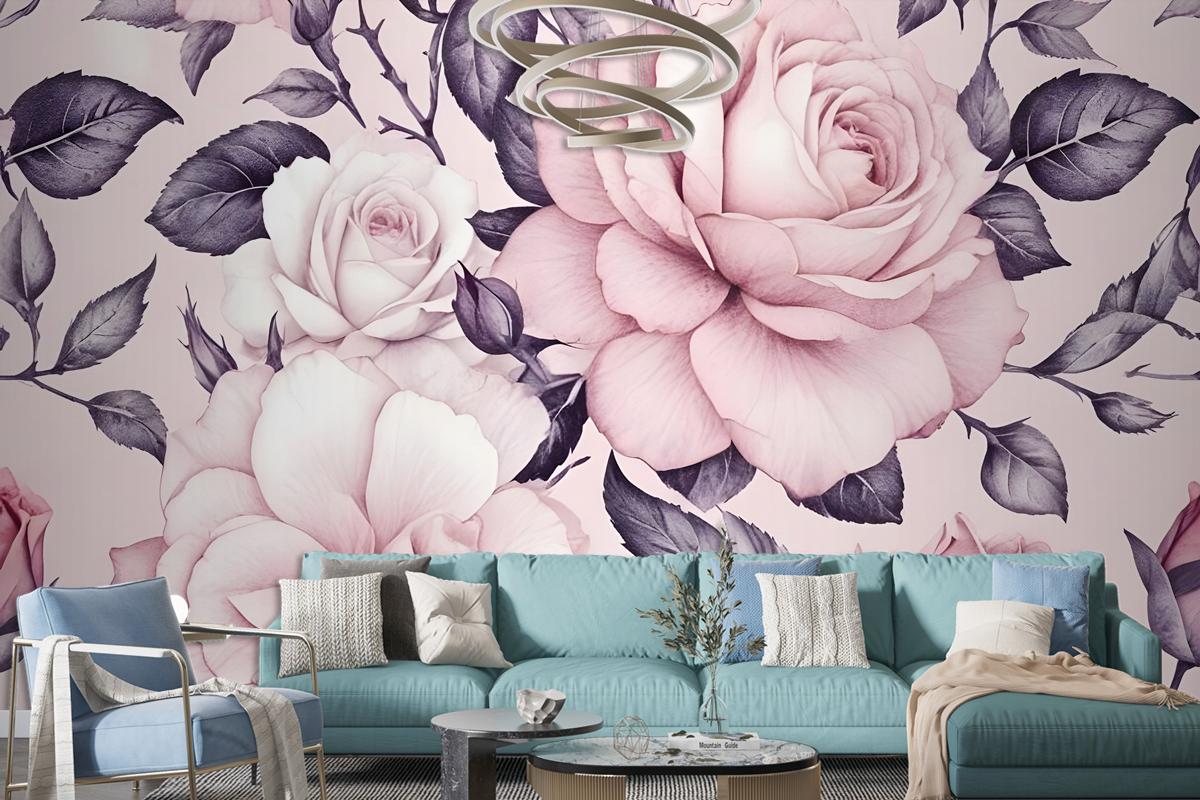 Watercolor Pink Floral Pattern Wallpaper Mural