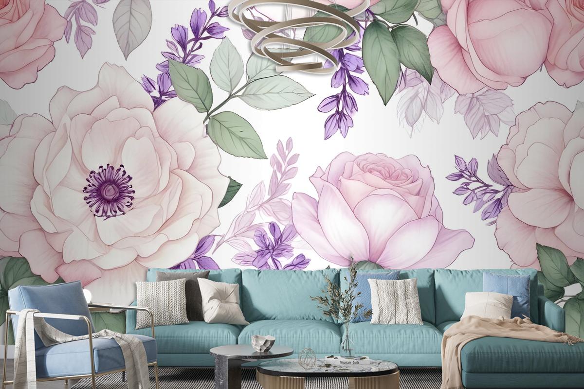 Watercolor Pink Floral Pattern With Wisteria Wallpaper Mural