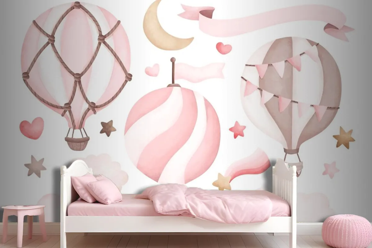 Watercolor Pink Hot Air Balloon Wallpaper Mural