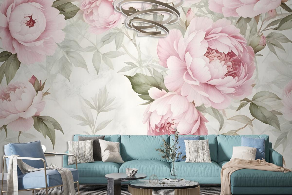 Watercolor Pink Peony Floral Blossom Wallpaper Mural