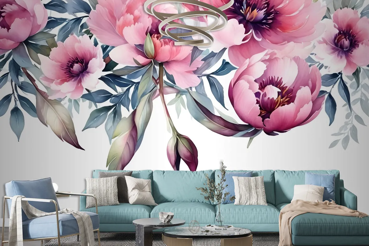 Watercolor Pink Peony Flower Wallpaper Mural