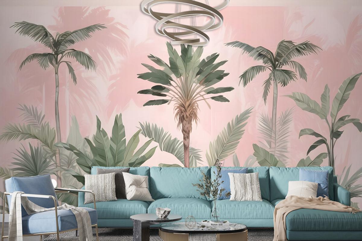 Watercolor Pink Tropical Chinoiserie Wallpaper Mural