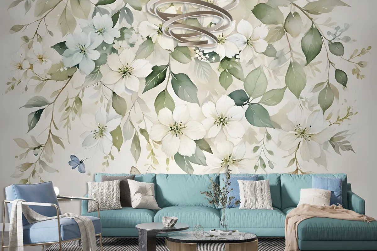 Watercolor Soft Floral With Green Leaves Wall Mural