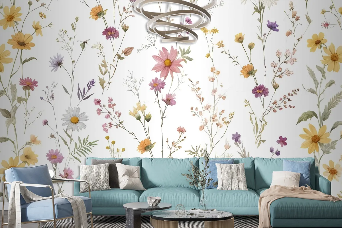 Watercolor Soft Wild Flowers Wallpaper Mural