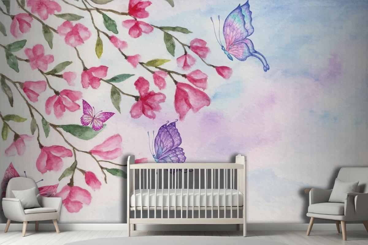 Watercolor Spring Landscape Background With Lovely Butterflies Wallpaper Mural