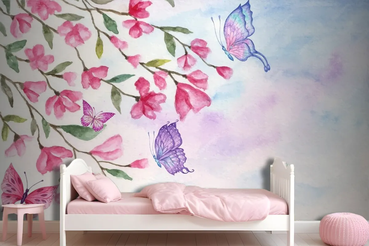 Watercolor Spring Landscape Background With Lovely Butterflies Wallpaper Mural