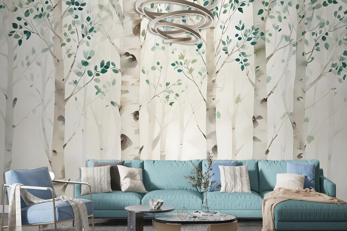 Watercolor Style Forest With Green Brown Little Leaves Wallpaper Mural