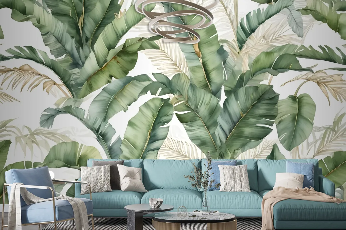 Watercolor Tropical Banana Leaf With Faux Gold Details Wallpaper Mural