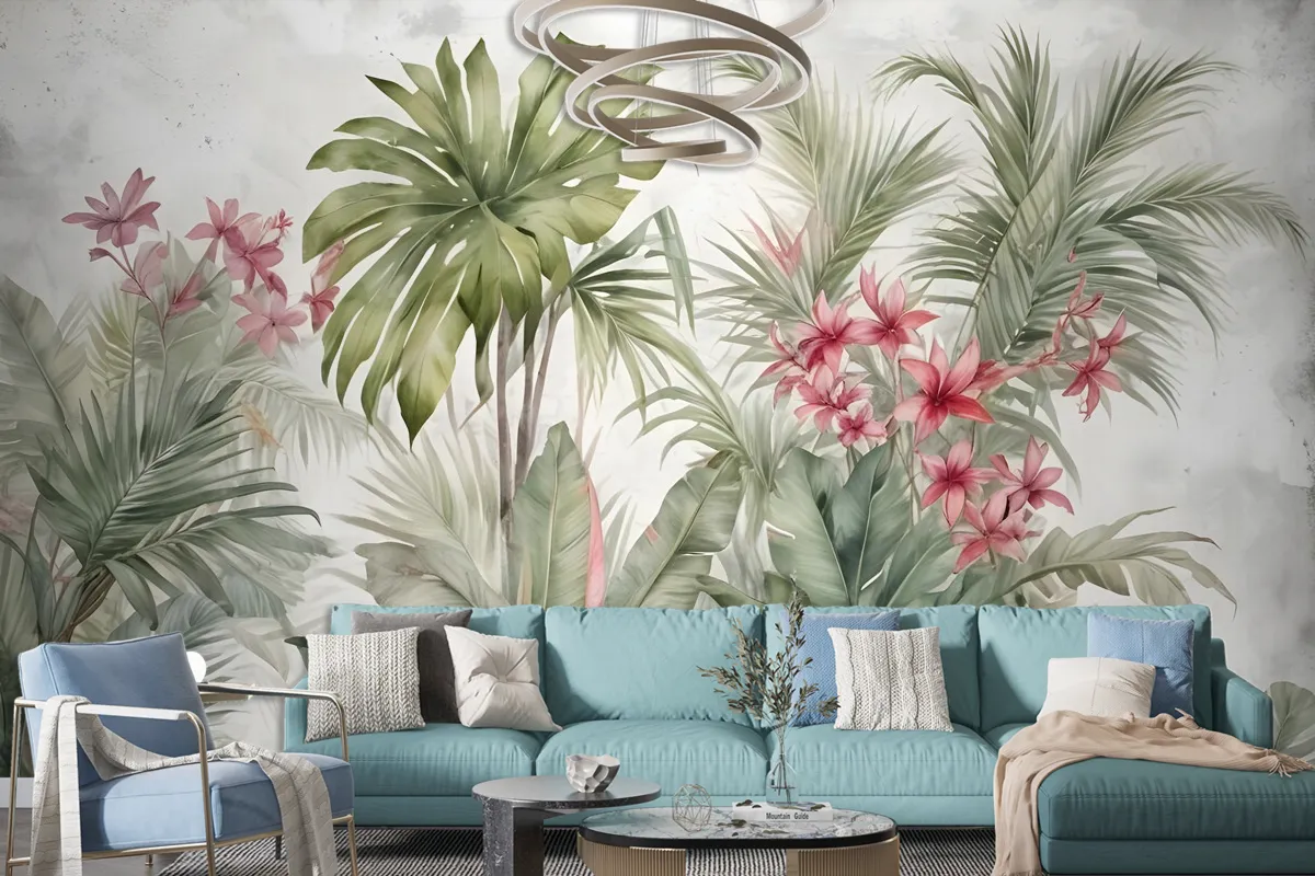 Watercolor Tropical Leaf And Flowers Wallpaper Mural