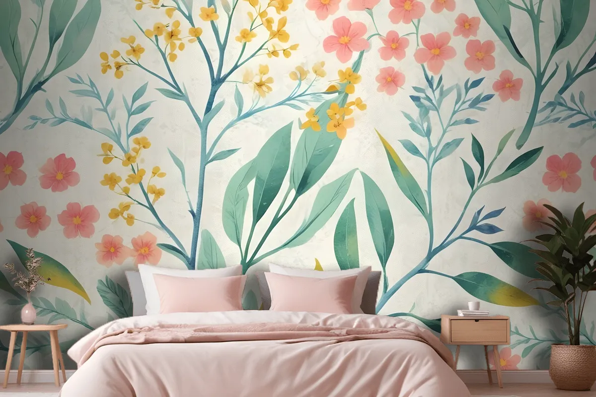 Watercolor Vintage Florals With Botanical Leaves Wallpaper Mural