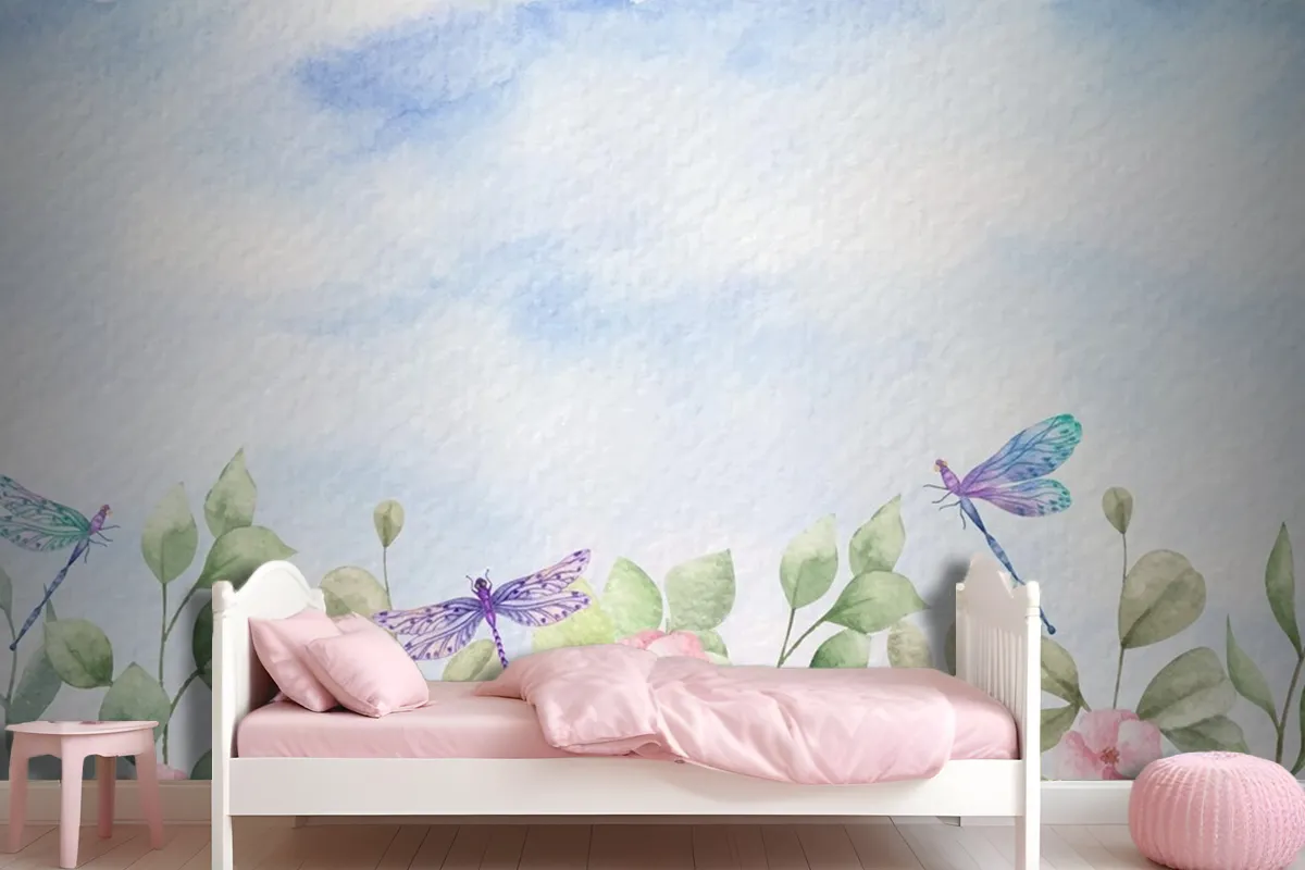 Watercolor Wild Leaves Landscape Background With Dragonflies Wallpaper Mural