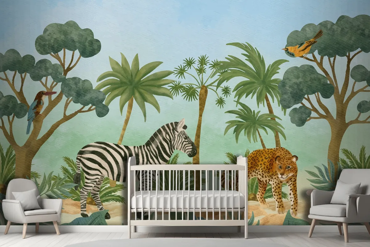 Watercolor Wildlife Background Kids Boy Wallpaper Mural