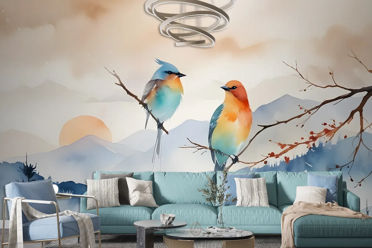 Watercolor Winter Landscape And Colorful Bird Wallpaper Mural