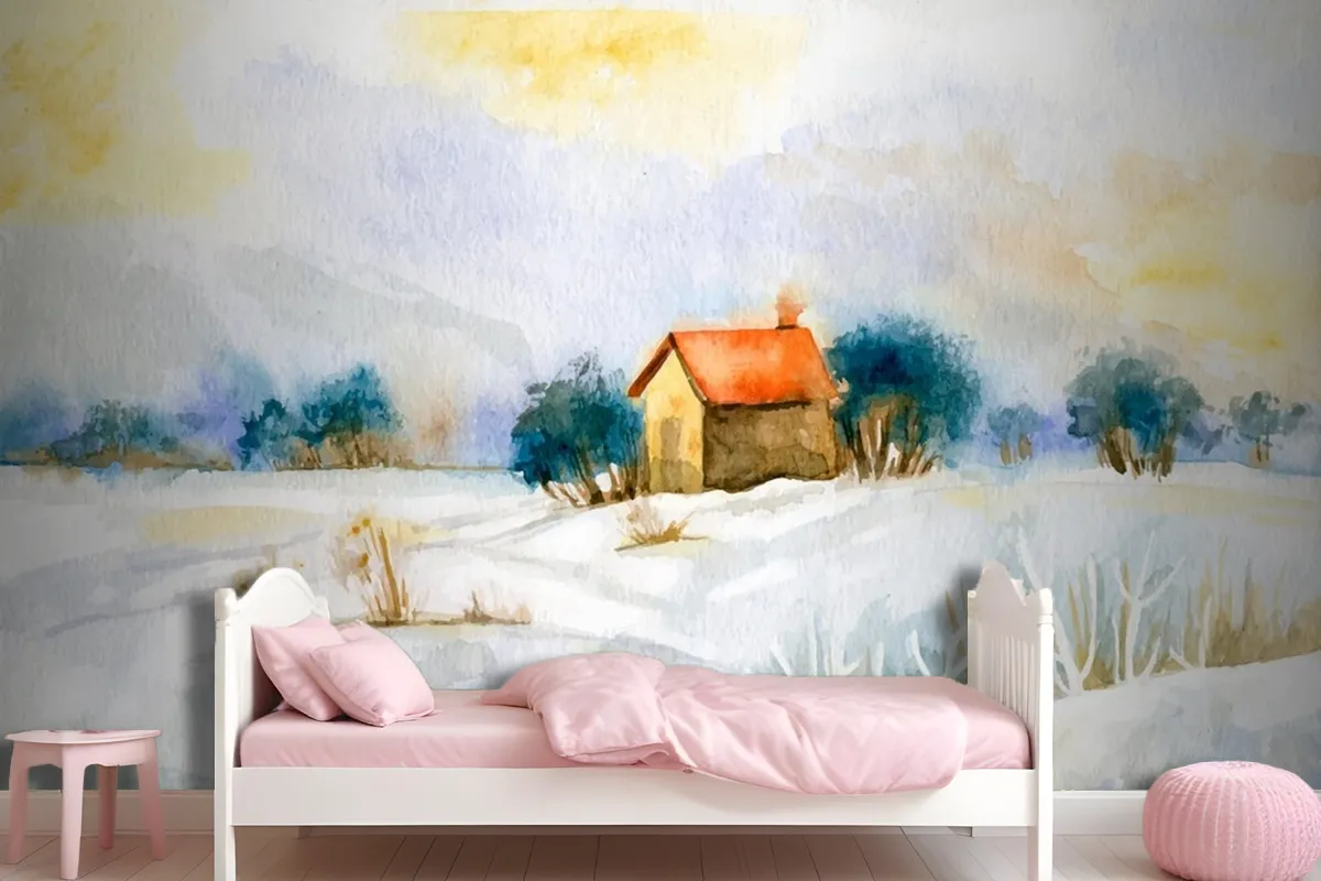 Watercolor Winter Landscape Girl Wallpaper Mural